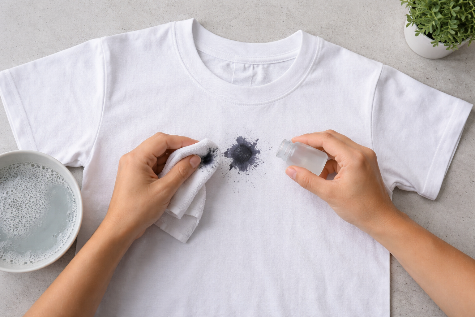 Removing ink stain from white t-shirt using cleaning solution