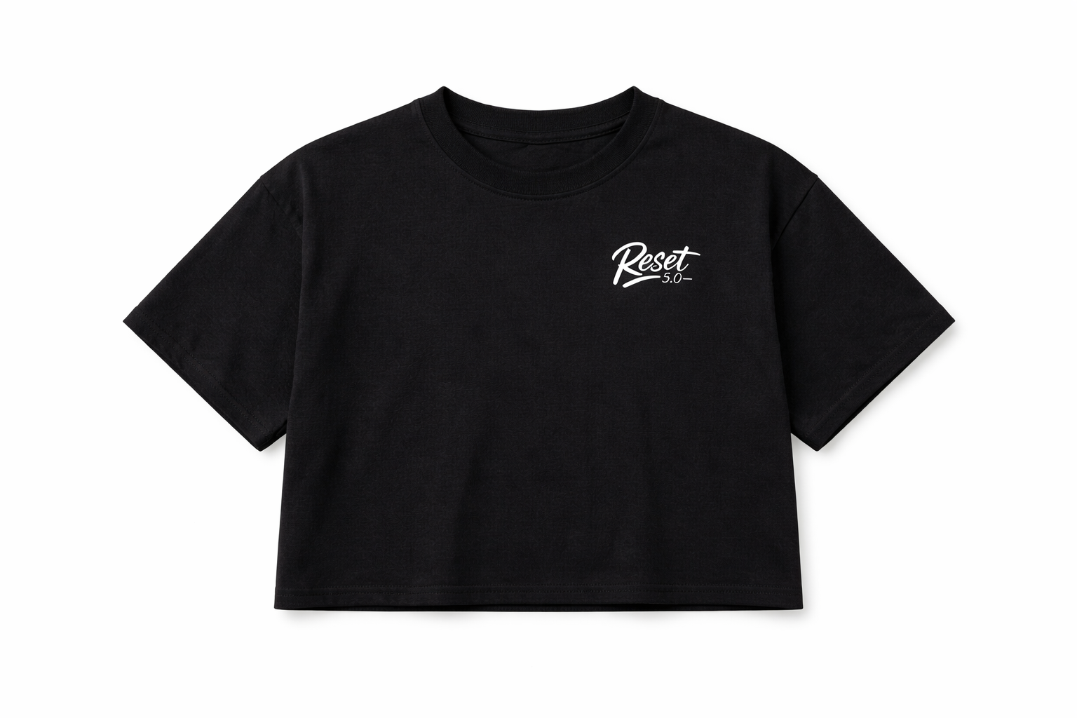Black crop top with a white logo on a white background