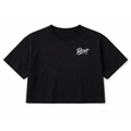 Black crop top with 'Reset' logo on a white background
