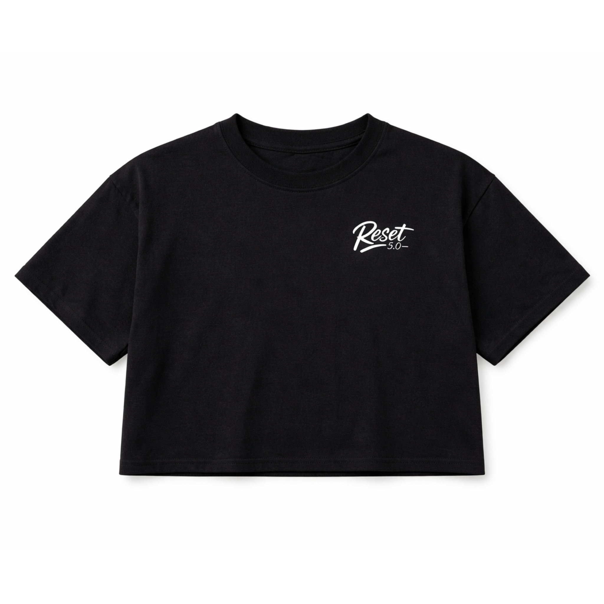 Black crop top with 'Reset' logo on a white background