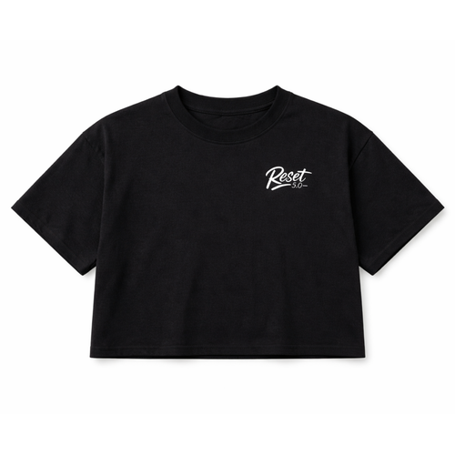 Black crop top with 'Reset' logo on a white background