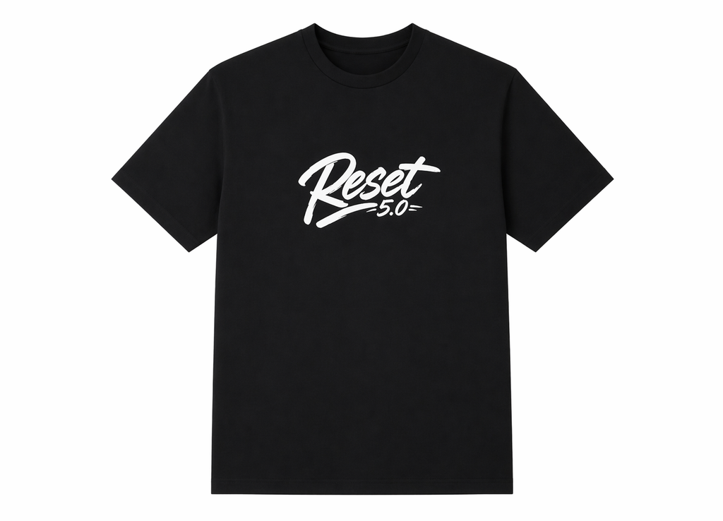 Black t-shirt with 'Reset 5.0' text on a white background