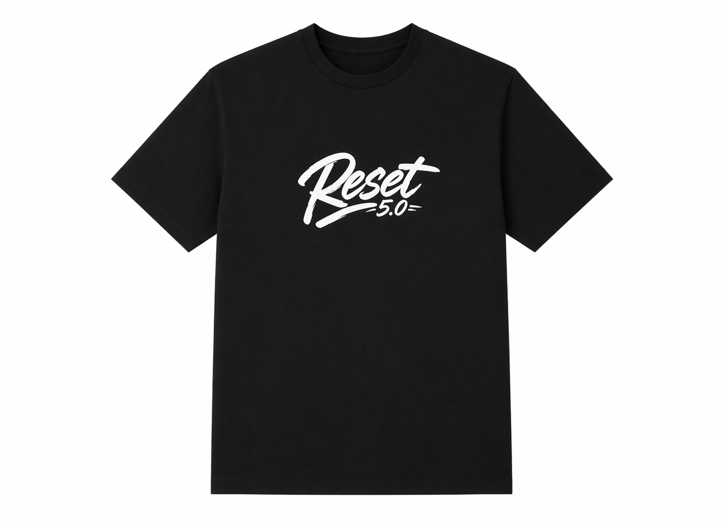 Black t-shirt with 'Reset 5.0' text on a white background
