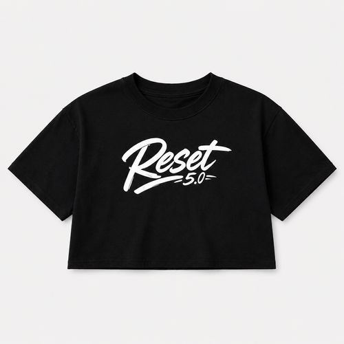 Black boxy fit cropped t-shirt with large white Reset logo on the front