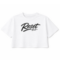 White t-shirt with 'Reset 50' text on a white background