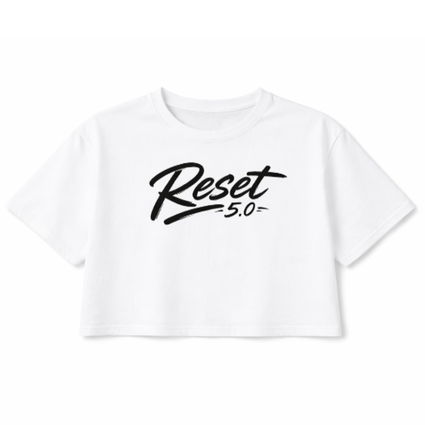 White t-shirt with 'Reset 50' text on a white background