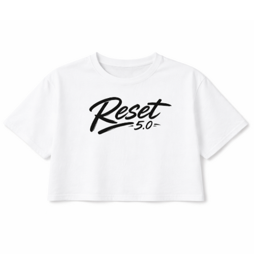 White t-shirt with 'Reset 50' text on a white background