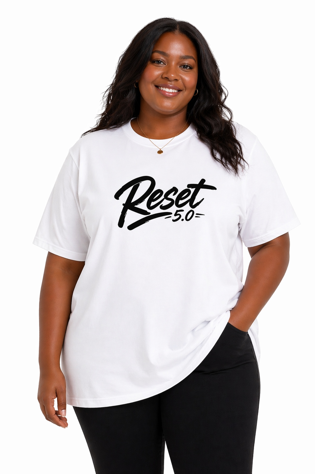 Female plus-size model wearing a white t-shirt with 'Reset 5.0' text on a white background