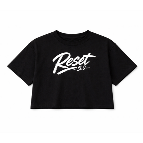 Black crop top with 'Reset 5.0' text on a white background