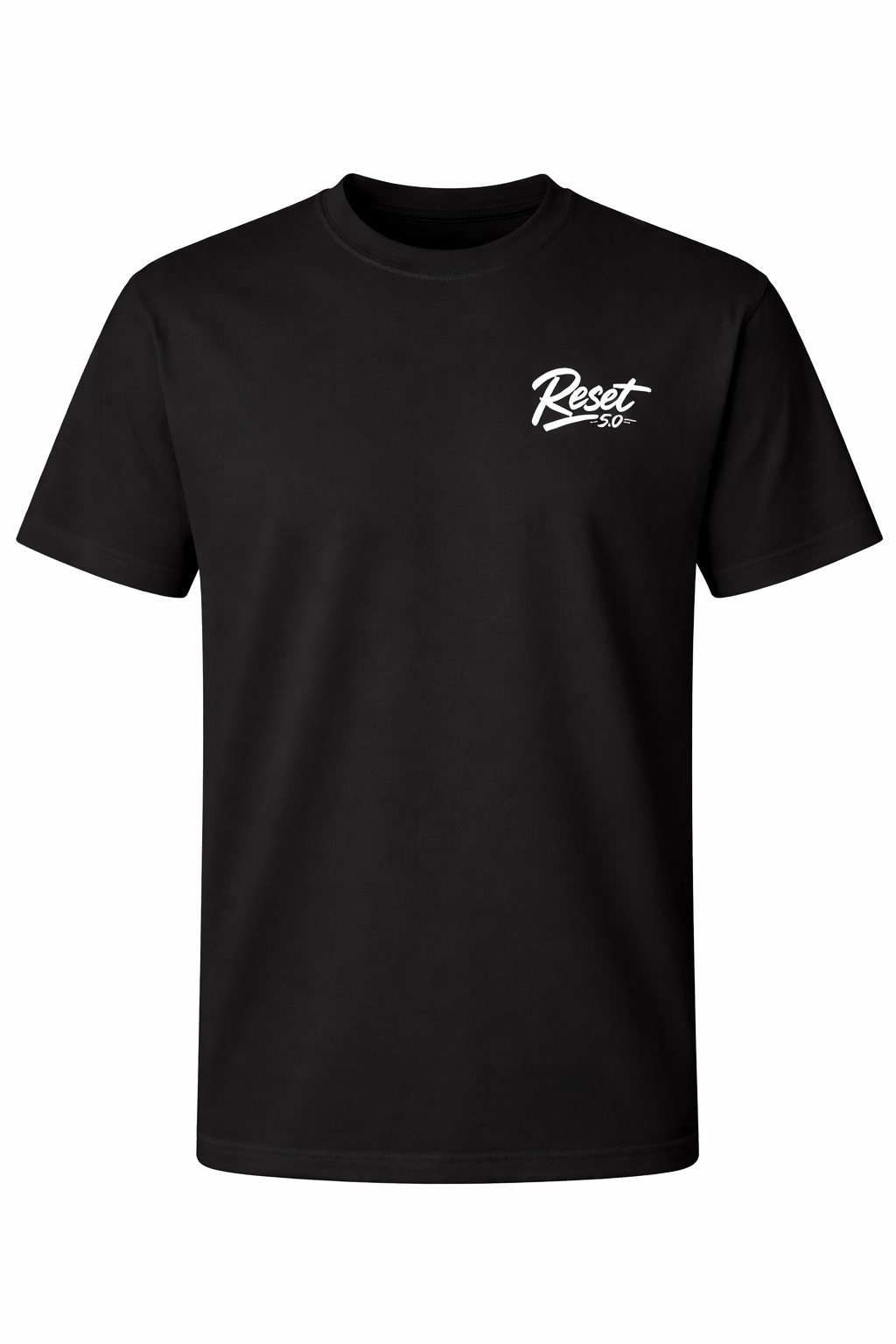 Black t-shirt with white logo on a white background