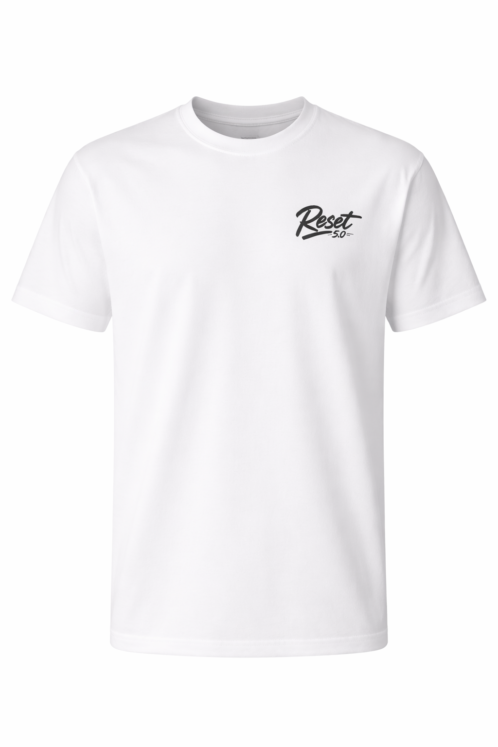 White t-shirt with black logo on a white background
