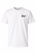 White t-shirt with black logo on a white background