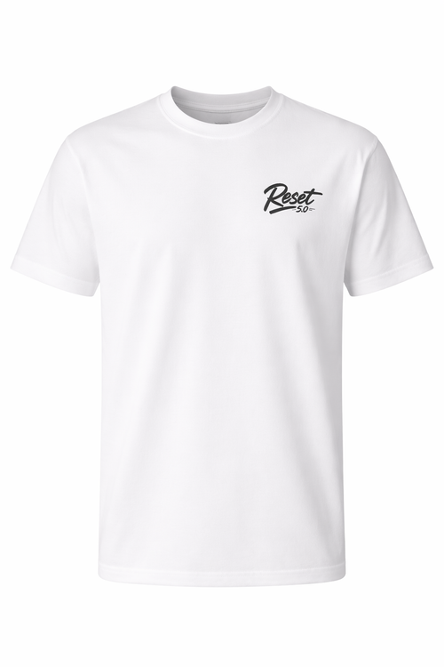 White t-shirt with black logo on a white background