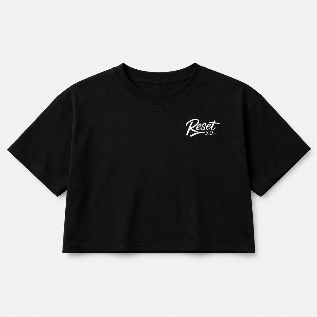 Black crop top with 'Reset' logo on a white background
