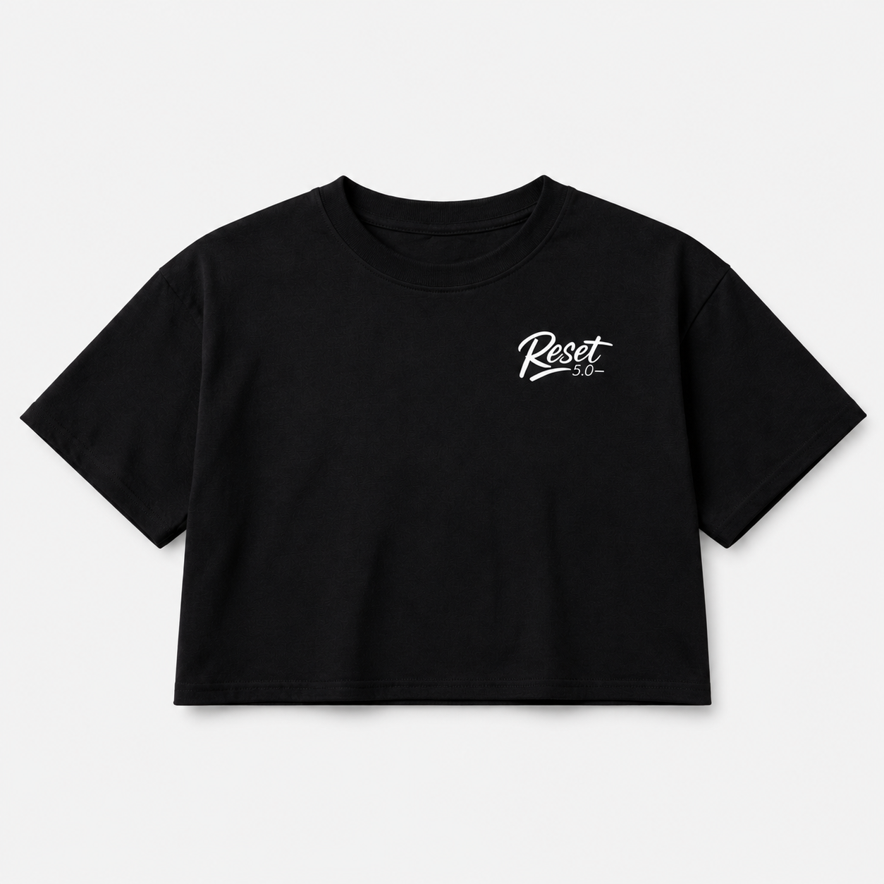 Black crop top with 'Reset' logo on a white background
