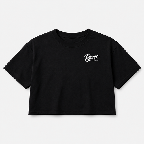 Black crop top with 'Reset' logo on a white background