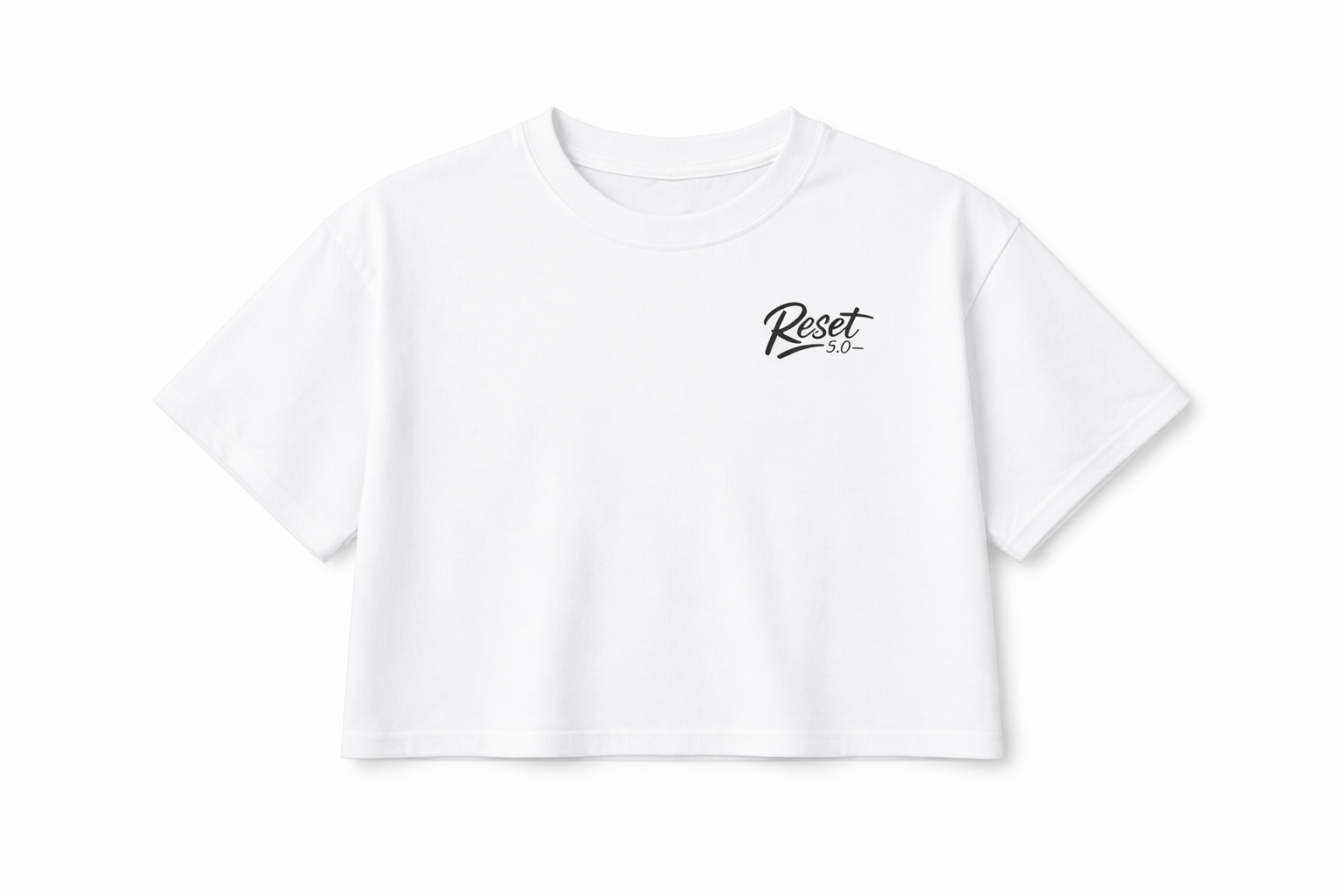 White cropped t-shirt with 'Reset' logo on a white background